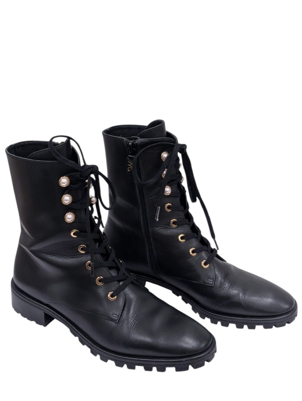 Stuart Weitzman Black Leather Combat Boots Pearl Buttons Size 6
